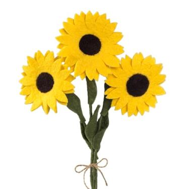 Imagem de Glaciart One Buquê artificial de girassóis de feltro – 3 peças | Flores artificiais amarelas reutilizáveis, laváveis e prontas para óleo essencial com hastes de arame longas dobráveis | Ótimo presente