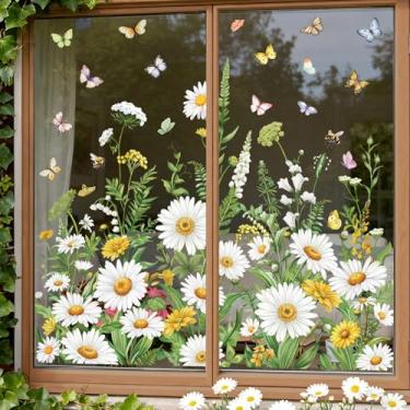 Imagem de wondever Adesivo adesivo de vidro com margarida amarela branca primavera verão grama silvestre borboletas adesivo anticolisão dupla face estática janela adesivos para vidro doméstico