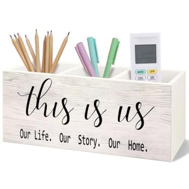 Imagem de Yhtrg Suporte de lápis de madeira para caneta, decoração de marcador, presente para casais, mesa de trabalho, This Is Us Our Life Story Our Home, porta escova de dentes, de madeira, para penteadeira