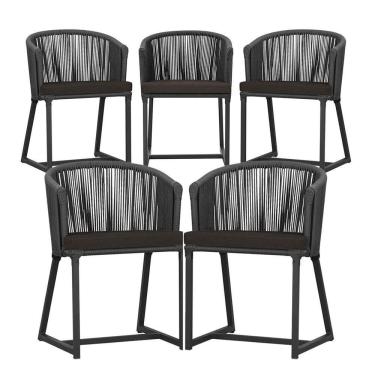 Imagem de 5 Cadeiras De Jantar Noronha Preta Corda Náutica E9 Trama Preto