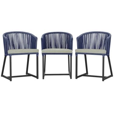 Imagem de 3 Cadeiras De Jantar Noronha Preta Corda Náutica E3 Trama Azul