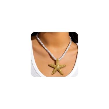 Imagem de Colar de estrela do mar ajustável para mulheres, exagerado Boho Beach Vacation com cordão de declaração, fantasia de sereia de surfista, joias de oceano, acessórios, Large, Liga de aço, Sem Pedra