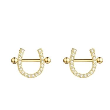 Imagem de Brincos de ferradura para mulheres, brincos de argola de zircônia cúbica banhados a ouro 14K, joias hipoalergênicas e leves para festas de casamento do dia a dia, Small, Latão, Sem pedra preciosa