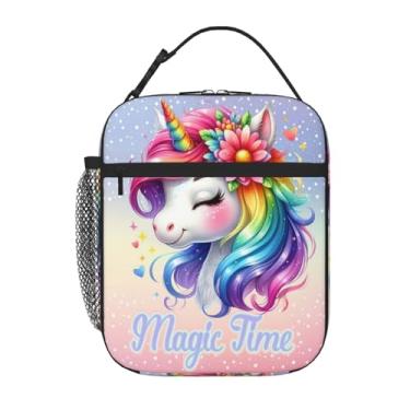 Imagem de Lancheira infantil floral arco-íris unicórnio para meninas, meninos, lancheira isolada, portátil, reutilizável, lancheira, caixa de almoço, caixa de preparo de refeições, crianças, mulheres, homens
