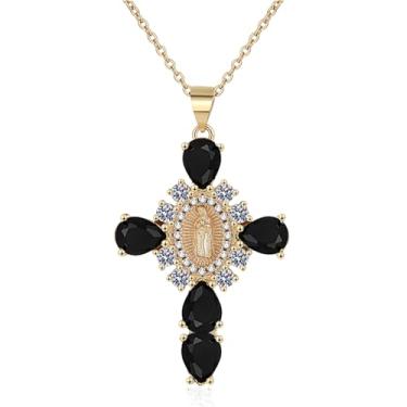 Imagem de RLHRNDE Colar com pingente de cruz de zircão de cristal delicado para mulheres e homens, Virgem Maria Anjo Guadalupe, Páscoa, batismo, fé religiosa, aniversário, Natal, presente, Medium, Metal