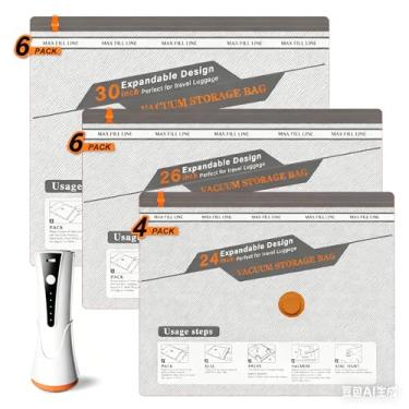 Imagem de Sacos de vácuo para viagem com bomba de ar recarregável, pacote com 16 sacos de compressão 80% de economia de espaço, sacos de vedação a vácuo para roupas, cobertores, edredons, travesseiros, malas e