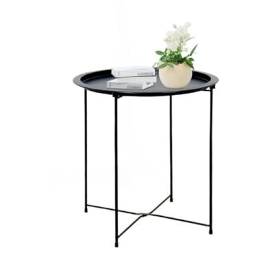 Imagem de Mesinha Lateral Para Sala, Mesa de Canto Dobrável com Pés de Metal, Mesa Redonda Lateral com Bandeja Removível - 47x47x50CM(Preto)
