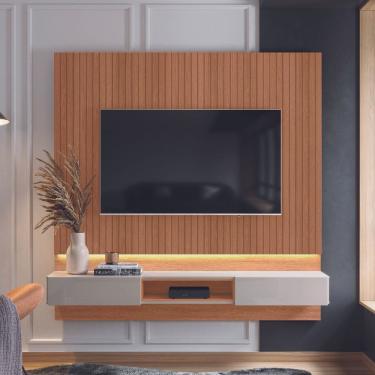 Imagem de Painel Paris Para Tv Até 70 Polegadas Com 2 Gavetas Iluminação Em Fita De Led Jequitibá/off White - Lukaliam