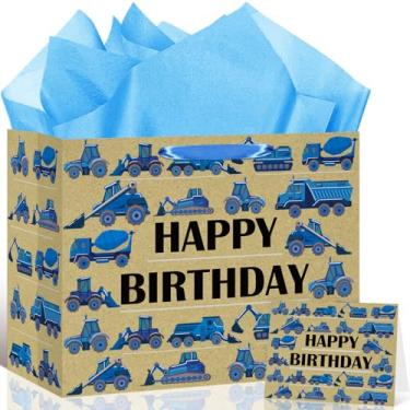 Imagem de Bolsa de presente de aniversário de construção, caminhão azul, bolsa de presente de feliz aniversário com papel de seda e cartão de felicitações, escavadeiras, trator veículo, guindastes, saco de