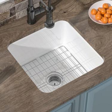 Imagem de Pia de cozinha Drop In 45,72 cm x 45,72 cm HOMLYLINK Pia de bar molhada branca pura pia de cozinha com montagem dupla mini pia de cozinha 45,7 cm pequena pia de preparação tigela única pia Fireclay com acessórios personalizados