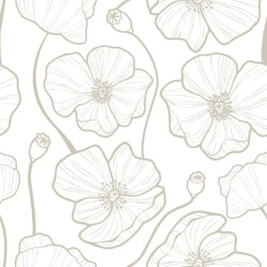 Imagem de VEELIKE Papel de parede minimalista floral para destacar e colar papel de parede floral neutro papoula 48 cm x 900 cm, papel de contato autoadesivo, floral, papel de parede, mural para quarto, sala de