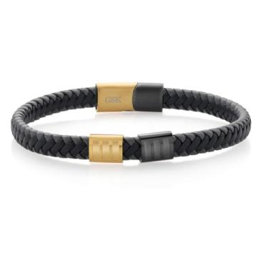 Imagem de Gem Stone King Pulseira masculina de couro genuíno de aço inoxidável dourado preto (8,25 polegadas, 7,7 mm de largura), Aço inoxidável, vazio