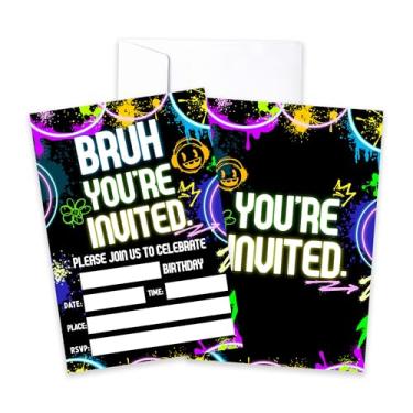 Imagem de CLIRBE Convites de festa de aniversário Bruh, Convites de aniversário de neon brilhante para irmão irmão meninos adolescentes, 20 cartões de convites com 20 envelopes, lembrancinhas de artigos de