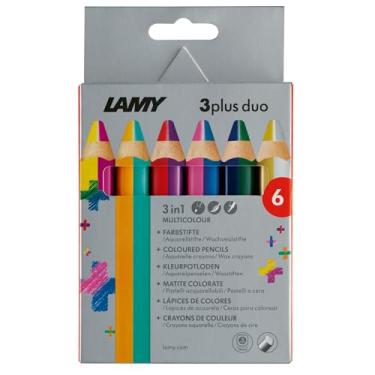 Imagem de Lamy Lápis de colorir duo 3plus em caixa dobrável, conjunto de 6 lápis de cor, aquarela e cera em um - feito de madeira de tília maciça com formato quadrado ergonômico - diâmetro grosso do chumbo de