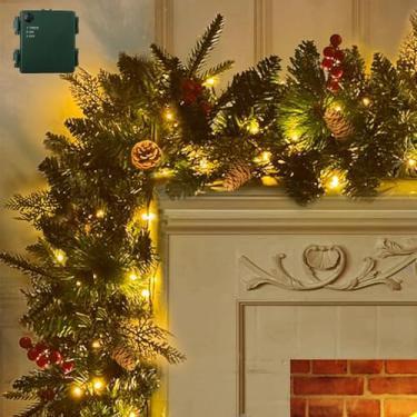 Imagem de Guirlanda de Natal de 2,5 m com 100 luzes, decorações de Natal para ambientes externos, guirlanda de Natal iluminada para manto, escadas, corrimão, guirlanda de Natal pré-iluminada, lareira de