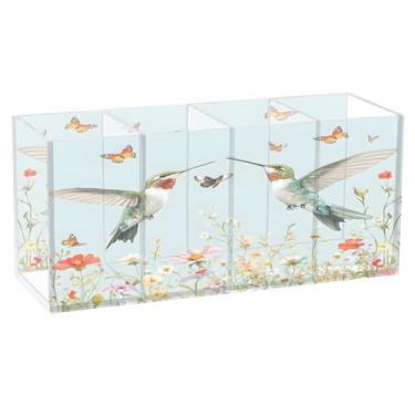 Imagem de SEHANY Lindo porta-canetas de acrílico com flores em aquarela, pássaro, 4 compartimentos, porta-lápis transparente, organizador de pincéis de maquiagem, organizador de papelaria para escritório, casa