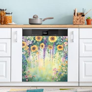 Imagem de ATTX Capa magnética para lava-louças pintura girassóis aquarela, 58,4 cm C x 66 cm A decoração da capa da máquina de lavar louça, decalques de armário doméstico eletrodomésticos adesivos #117
