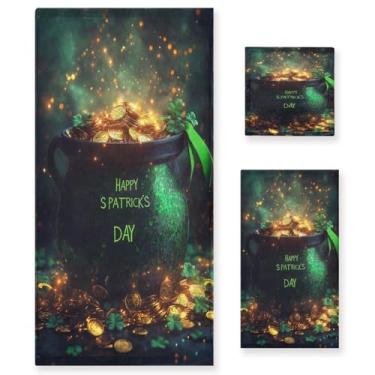 Imagem de Blueangle Conjunto de toalhas decorativas de banheiro com padrão de pote dourado do dia de São Patrício, conjunto de 3 peças com toalha de banho, toalha de mão e toalha de banho (155)