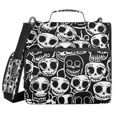 Imagem de SEHANY Fichário com zíper de caveira com alça de ombro, capacidade para 500 folhas, vários bolsos, fichário com 3 anéis com zíper de 3 cm