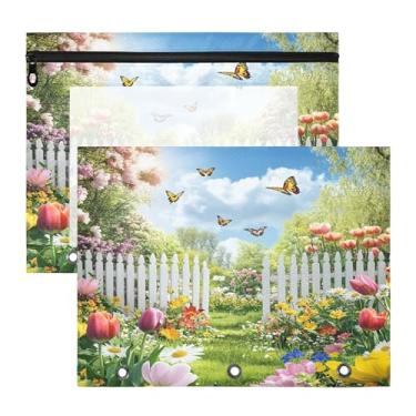 Imagem de SEHANY Pasta de lápis de flores de jardim com 3 anéis - bolsa de documentos com zíper tamanho A4 com janela transparente para sala de aula, escritório, 2 peças