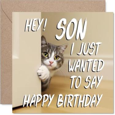 Imagem de Stuff4 Cartão de aniversário Son - Cute Cat Peekaboo - Cartão de feliz aniversário para filho de pai mãe, cartões de felicitações adorável Kitty Bday de 5,7 polegadas