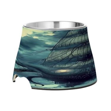 Imagem de Blueangle Tigelas elevadas para cães com aço inoxidável - Prato antiderrapante de 2,3 xícaras para animais de estimação de alta capacidade para saúde da coluna e design de navio pirata (274)