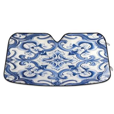Imagem de ATTX Azulejos Azuis Vintage Para-brisas Carro Para-brisas 144.8 cm x 80.0 cm Escudo Solar Universal com Proteção UV, Persiana de Janela Frontal Auto Dobrável para Sedans SUVs Caminhões #488