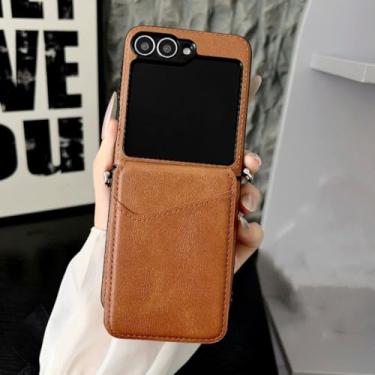 Imagem de Capa de luxo com compartimento para cartões para Samsung Galaxy Z Flip 7 6 5 4 3 5g Zflip7, capa lisa em couro (para Galaxy Z Flip3 5G/Marrom)