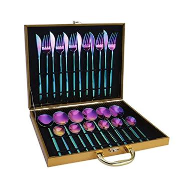 Imagem de Conjunto de Utensílios Jantar 24 Peças Colher Aço Inoxidável Facas Cozinha Talheres com Caixa Mesa Minimalistas para Casa Festa Restaurante Almoço Café Chá Sobremesa Lanche Fruta