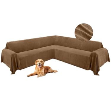 Imagem de HDCAXKJ Capas de sofá seccionais de canto para cães em forma de L com borla, chenille, supermacia, antiderrapante, em forma de U, capa protetora secional (marrom claro, 231 x 640 cm)