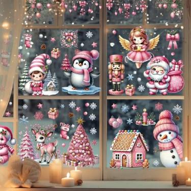 Imagem de Adesivos de janela de Natal 120 peças - 2025 novos decalques de natal estáticos 3D decorações com anjo, Papai Noel, rena para festas de fim de ano (9 folhas) adesivos adesivos de janela de Natal rosa
