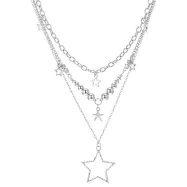 Imagem de LXUEJIE Gargantilha de corrente de estrela de prata, colar grunge empilhável Y2K com pingente de estrela grossa para mulheres, acessórios de joias emo da moda
