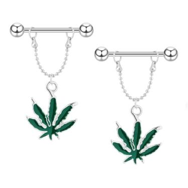 Imagem de Kokoma Anéis de mamilo com gota de grama pendurados para mulheres, mamilos de folha, piercing de barra, protetor de mamilo, aço inoxidável, moderno, joia de piercing corporal