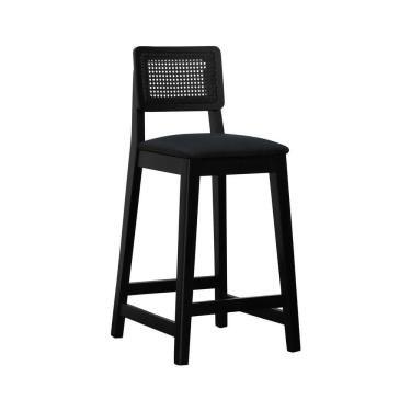 Imagem de Banqueta Gabi Madeira Maciça Encosto C- Telinha C- 68cm Altura - Preto Assento Estofado Linho Preto Textura