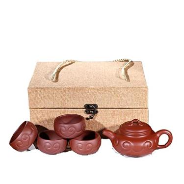 Imagem de Conjunto de chá chinês Yixing Zisha, conjunto de bule de cerâmica feito à mão, bule de chá com estampa de nuvem de argila roxa com 4 xícaras e caixa de presente para pai, avô, marido, amantes de chá