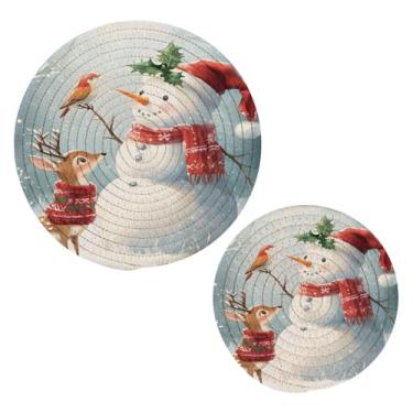 Imagem de Wassud Conjunto de boneco de neve com veado para pratos quentes, suportes redondos de algodão, almofadas quentes, porta-copos elegantes, decoração de cozinha e acessórios, 2 peças