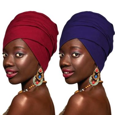Imagem de GERTURY 2 peças elásticas para mulheres negras, cachecol de turbante leve para cabelo feminino, Azul marinho + vinho tinto, 1 Count (Pack of 2)