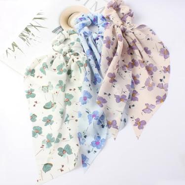 Imagem de 3 peças de lenços de cabelo elásticos para mulheres, laços de cabelo com laço com fita de cetim longa, faixas de cabelo pastorais florais apertadas, acessórios de cabelo (azul, verde, roxo)