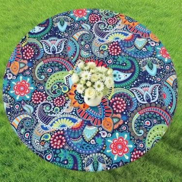 Imagem de Smiry Toalha de mesa redonda elástica de elastano para mesas de 91 a 111 cm, capa de mesa elástica lavável e reutilizável para piquenique ao ar livre, acampamento, jantar, cozinha, pátio e festa