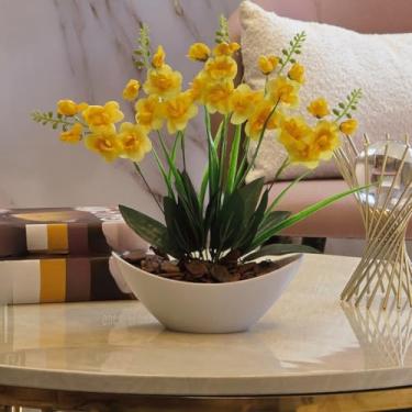 Imagem de Arranjo de Orquídea Artificial com Vaso Branco e Casca Polida Decorativa para Mesa e Escritório(Amarelo1)
