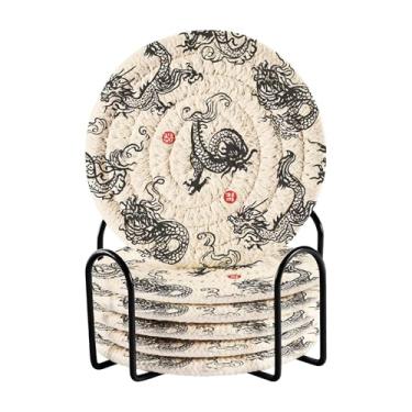 Imagem de SEHANY Porta-copos vintage dragão conjunto de 6 com suporte, porta-copos redondos absorventes de algodão resistente ao calor para mesa de jantar, canecas de café, 10 cm