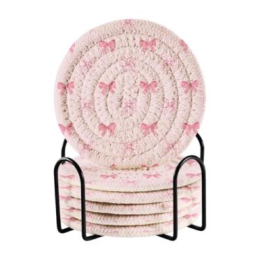 Imagem de SEHANY Conjunto de 6 porta-copos com laço rosa fofo com suporte, porta-copos redondos absorventes de algodão resistente ao calor para mesa de jantar, canecas de café, 10 cm
