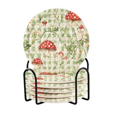 Imagem de SEHANY Conjunto de 6 porta-copos de cogumelos florestais com suporte, porta-copos redondos absorventes de algodão resistente ao calor para mesa de jantar, canecas de café, 10 cm
