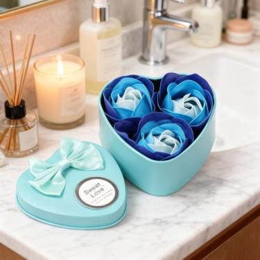 Imagem de 3 caixas românticas de flores de rosas artificiais – Caixa de presente em forma de coração com rosas falsas para o dia dos namorados, casamentos, aniversários e ocasiões especiais (azul)