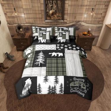 Imagem de Erosebridal Conjunto de edredom solteiro de urso rústico de 7 peças com lençóis, conjuntos de cama de lobo caçador, colcha de patchwork, cama xadrez de búfalo verde e preto em uma bolsa (lençol de