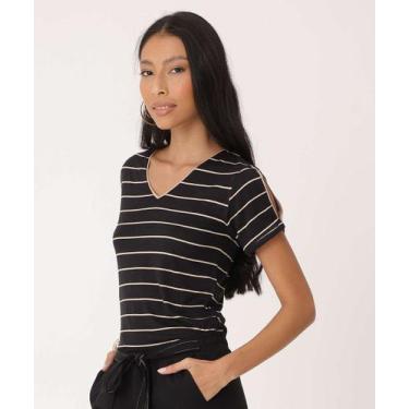 Imagem de Blusa Feminina Open Shoulder Listrada Marisa-01081, Preto, GG