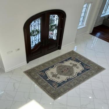 Imagem de Mont Brera Tapete de área de 15 x 23 cm para sala de estar, design persa vintage 15 x 23 cm com suporte antiderrapante para quarto, tapete lavável em mistura de lã e seda, lavável na máquina, tapete