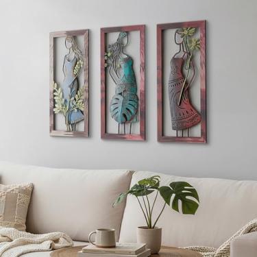 Imagem de Newinhome Pacote com 3 arte de parede de metal boho, arte de parede abstrata de metal boêmio, mulher abstrata moderna com decoração floral, decoração de parede boho para quarto, banheiro, sala de