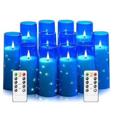 Imagem de Sasigeiaa Velas sem chama com corda de estrela embutida – Velas de LED operadas por bateria, com controle remoto, 12 velas azuis cintilantes para Natal, casamentos, decoração de casa e festa, (D 6 cm