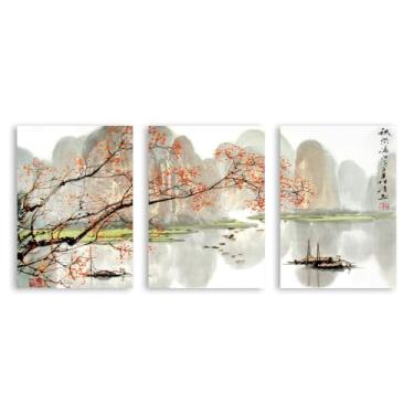 Imagem de Arte de cenário japonês, impressão floral, pintura a tinta, barco, pássaro, pôsteres em tela, decoração asiática, arte de parede japonesa para decoração de sala de estar e quarto (SKU5-3 peças, 50,8 x